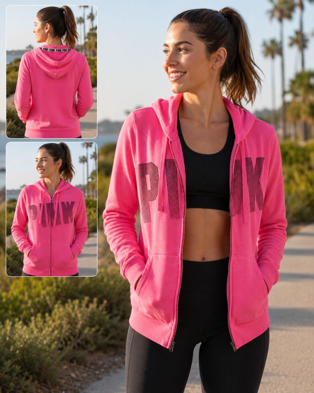 Victoria's Secret PINK Hoodie Neon Pink Full Zip Sweatshirt Logo Jacket SP
